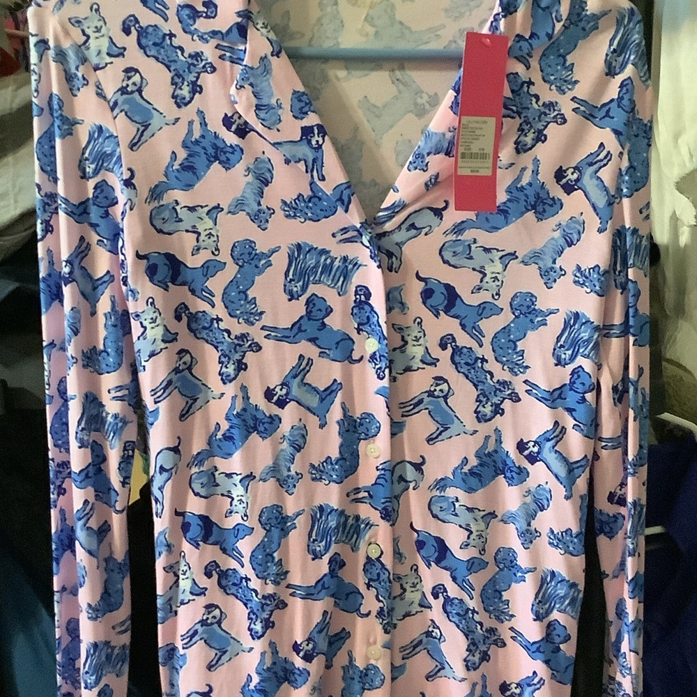 Lilly Pulitzer Pink and Blue button up Pajama top, Ruff night, XXS‎